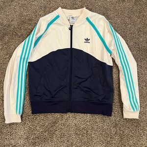Adidas Cream and Navy Jacket with Aqua Stripes